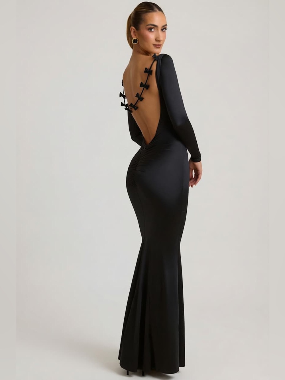 Oh Polly Alila Bow-Detail Ruched Maxi Dress in Black